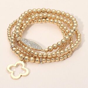 4PCS - Open Quatrefoil Charm Accent Ball Beaded Stretch Multi Layered Bracelets